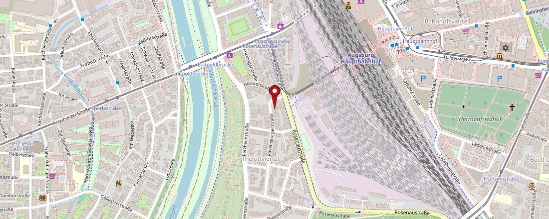 Kartenausschnitt des Thelottviertels mit dem Standort der Kanzlei, Ravenspurgerstr. 38, 86150 Augsburg